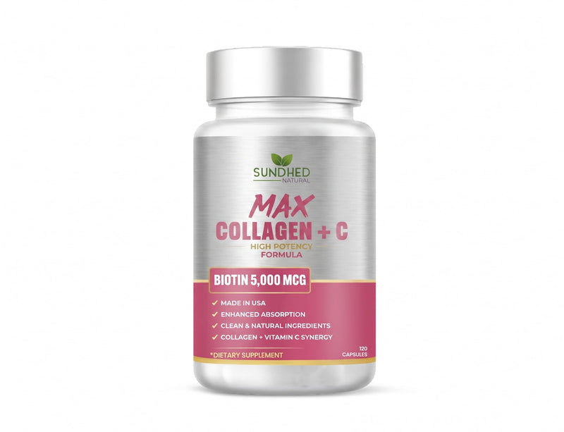 Sundhed Max Collagen Plus C - All Natural Collagen with Biotin & Bioperine to Boost Anti Aging Hydration & Skin Firmness - Strengthen Bones & Nails (Capsules 2-Month) (120 Count) 1 Count (Pack of 120)