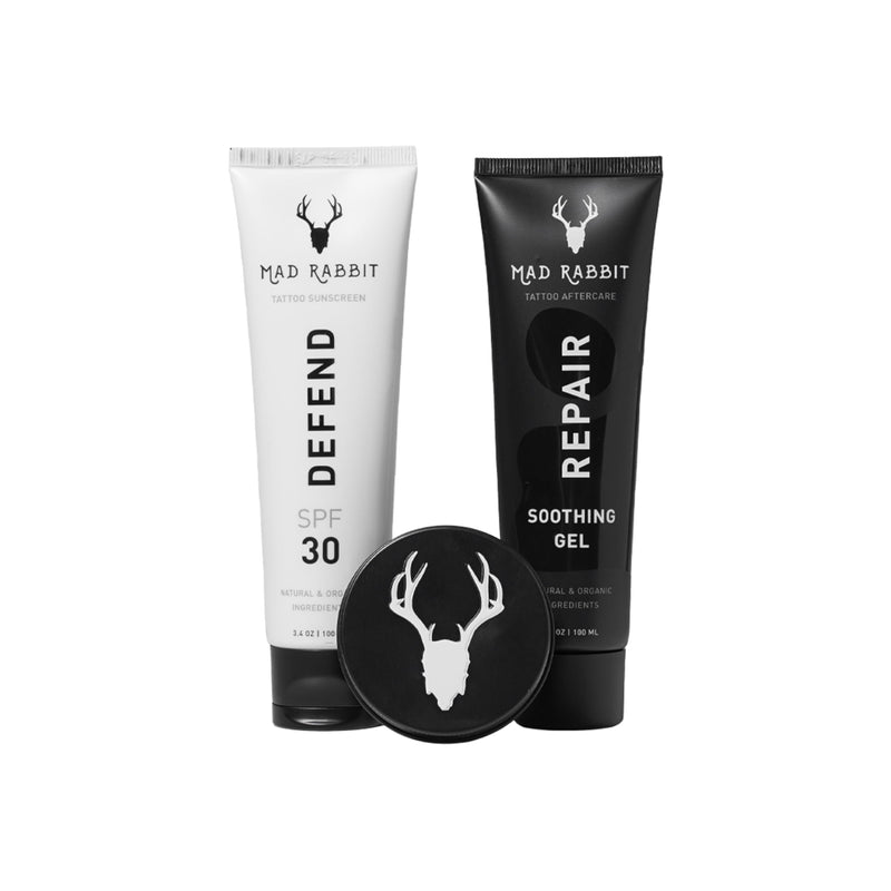 [Australia] - Tattoo Care Bundle Kit (3-Piece) Repair Soothing Gel, Enhance Balm & Defend SPF 30 Sunscreen - Full Coverage Tattoo Care Kit for New & Current Tattoos Sunscreen, Soothing Gel, Balm 
