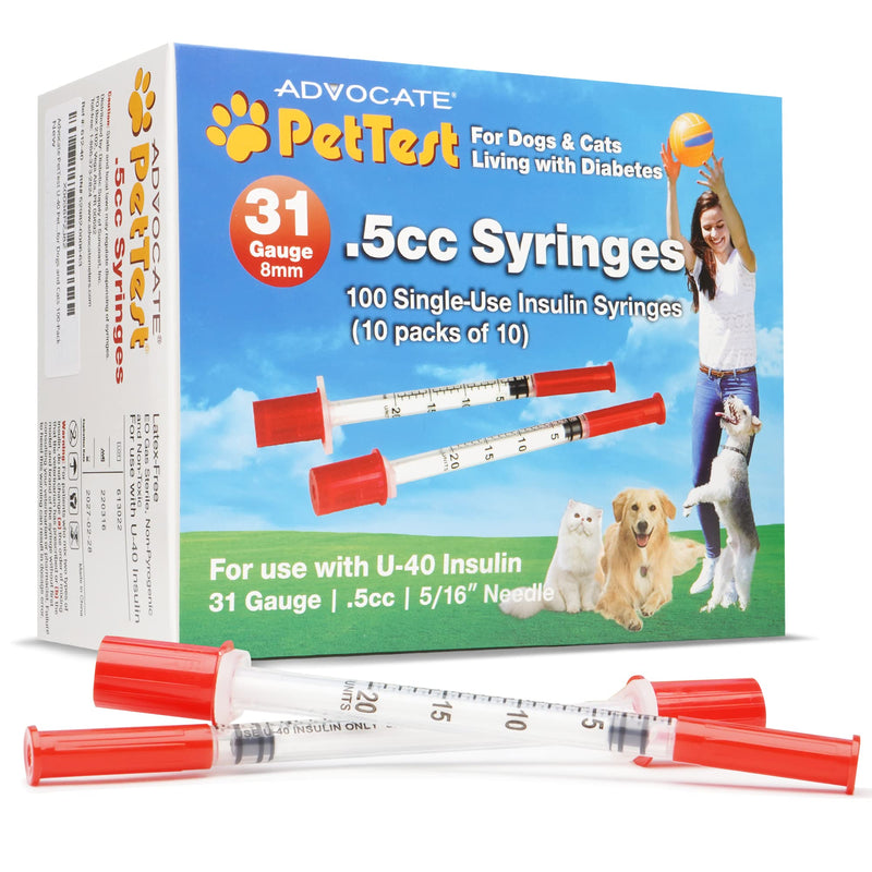 [Australia] - PetTest U-40 Pet Insulin Syringes With Needles - Comfortable Thin 31 Gauge Needles - For Cats & Dogs - Pets Diabetic Supplies - 100 Pack - Thinnest 31G, 5/16" long needle, 1/2cc (0.5cc) Volume 31 Gauge, 0.5 cc 