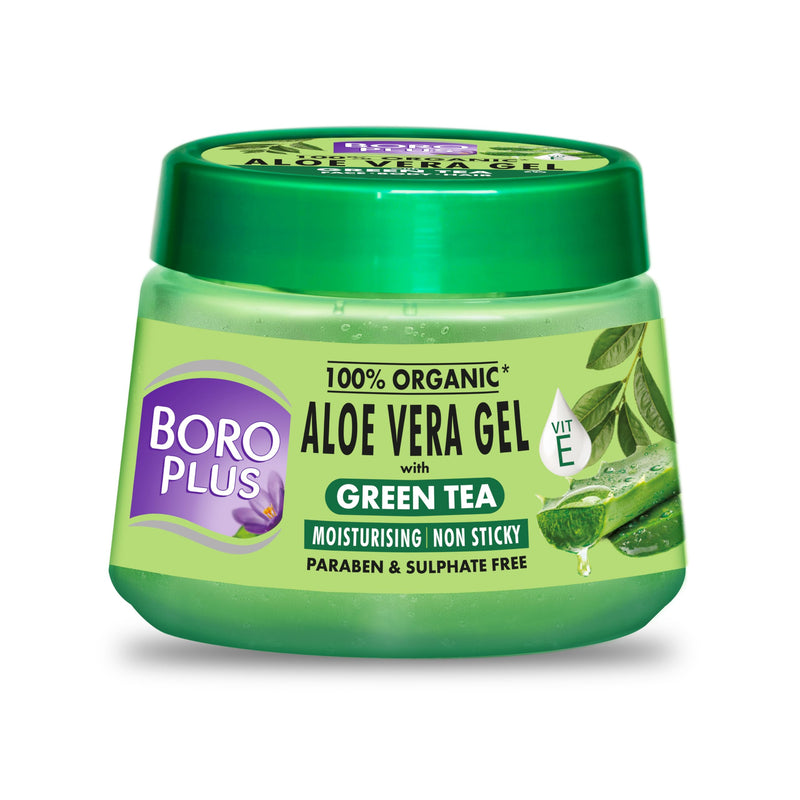 BOROPLUS Aloe Vera Gel with Green Tea & Vitamin E | 100% Organic, Non-Sticky | Soothes Sunburn, Fights Pimples, Moisturizes Skin | Paraben-Free | 6.76 Fl Oz (200ml)