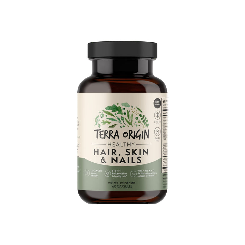 TERRA ORIGIN Healthy Hair, Skin and Nails Supplement | Collagen, Biotin, Horsetail & B-Complex | Supports Hair Strength, Skin Elasticity & Nail Growth | Vitamins for Women and Men | 60 Capsules