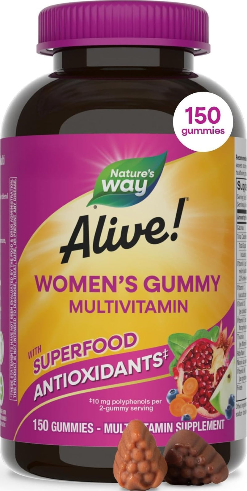 Nature's Way Alive! Women’s Multivitamin Gummy, Vitamins A, C, D3, E, 150ct | Berry Flavored, Daily Chewable Multivitamins for Women, B-Vitamins, Supports Immune, Heart, & Muscle Function* 150 Count (Pack of 1)