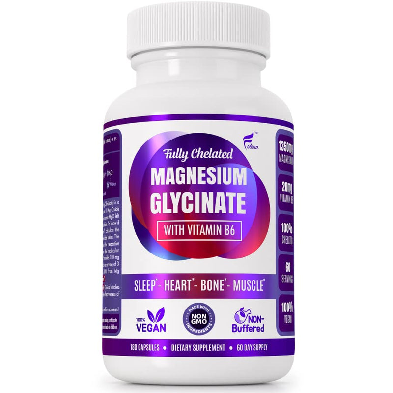 FOLONA Magnesium Glycinate with Vitamin B6, 1350mg, 180 Vegan Capsules | Fully Chelated, Supports Sleep, Stress Relief, Energy, Muscle Cramps, Research Proven to Enhance Absorption, Gluten Free