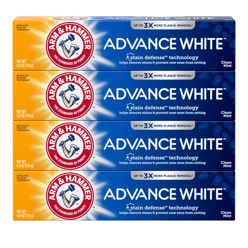 [Australia] - ARM & HAMMER Advance White Toothpaste, Teeth Whitening Baking Soda Toothpaste with Stain Defense Technology and Fluoride, Clean Mint Flavor, 6.0 Oz (4 Pack) 6 Ounce (Pack of 4) Tooth Cleaning Agent 