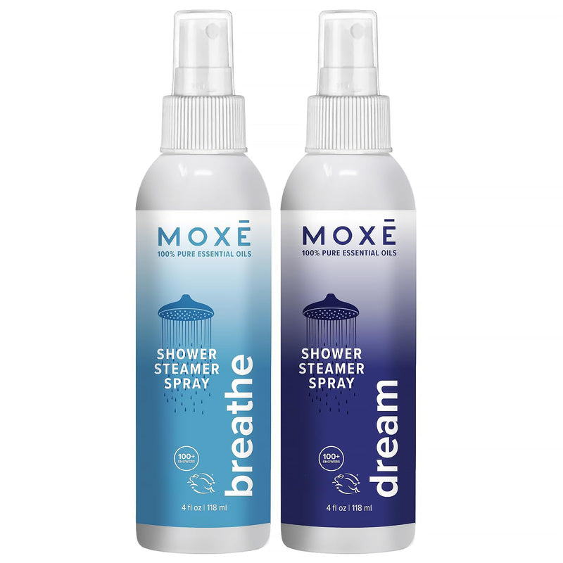 MOXĒ Breathe & Dream Shower Steamer, Congestion & Calm Relief, 4oz, 2 Pack | Two Essential Oil Blends for Refreshing Daytime and Relaxing Nighttime Shower Aromatherapy; Two Full-Size 4 Oz Spray Bottles 4 Fl Oz (Pack of 2) Breathe and Dream