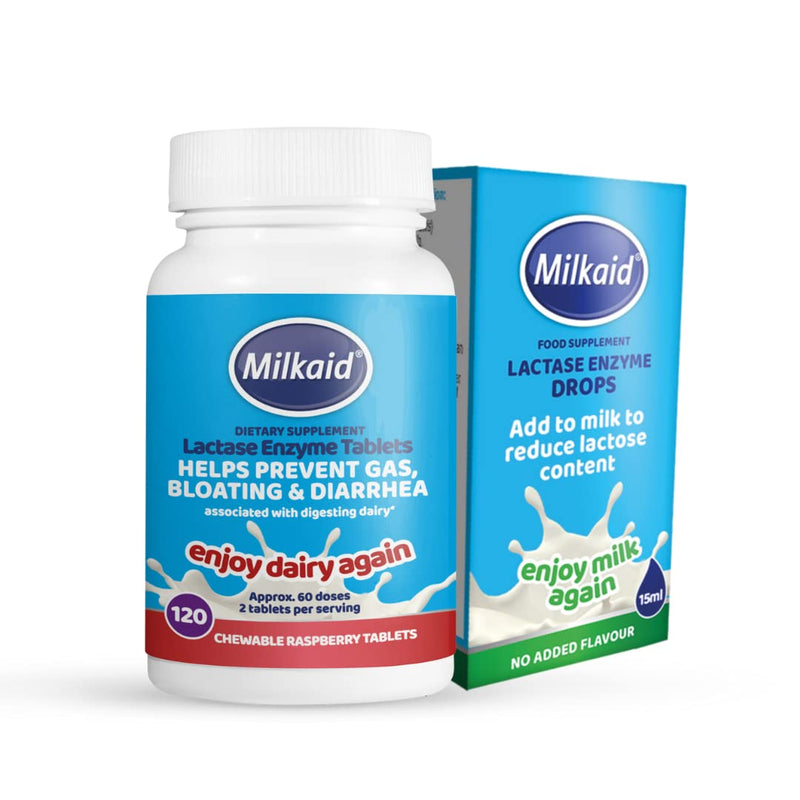 [Australia] - Milkaid Lactase Enzyme Drops Tablets for Lactose Intolerance Relief | Prevents Gas, Bloating & Diarrhea | Dairy Digestive Supplement | 0.5 Fl Oz & 120 Raspberry Flavored Tablets 