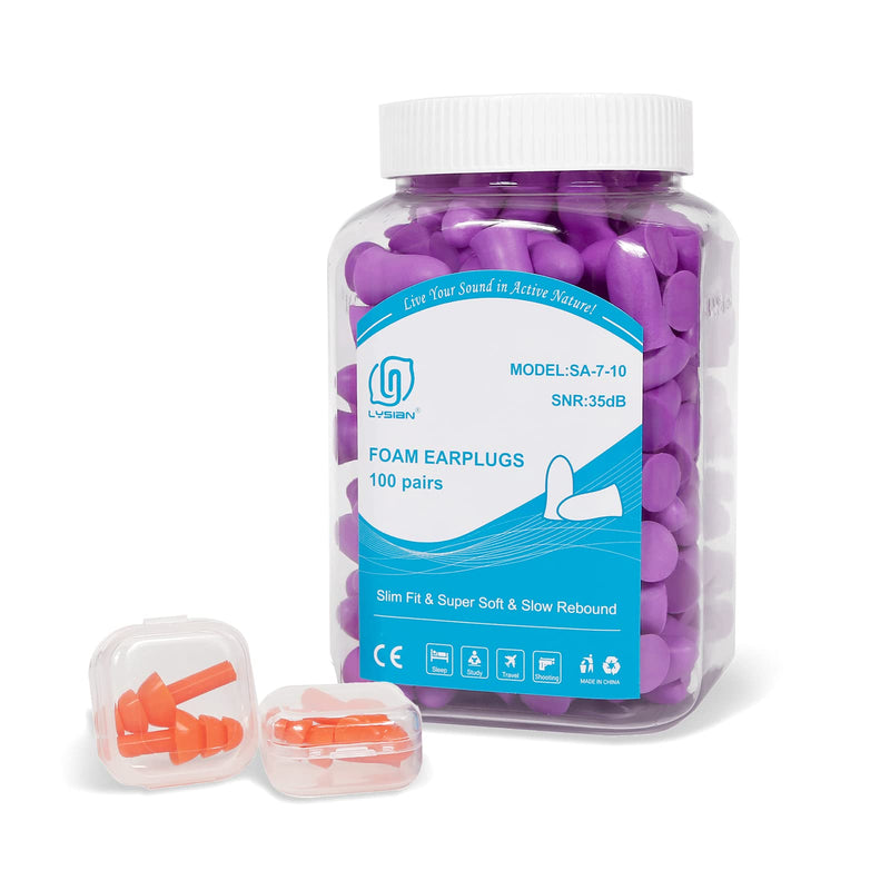 [Australia] - LYSIAN Slim Size Foam Ear Plugs for Small Ear Canals Women, Kids, 100 Pairs, 35dB SNR Noise Canceling Earplugs for Sleeping, Work and Study (Purple) Purple 