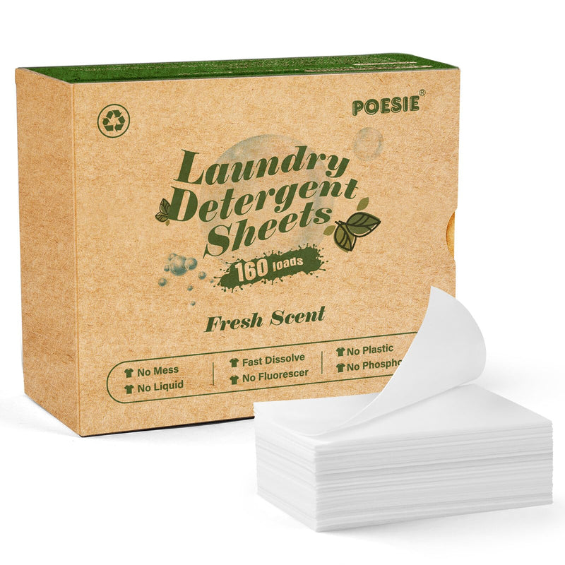 [Australia] - Poesie Laundry Detergent Sheets Fresh Scent 160 Sheets Clear Plastic-Free Hypoallergenic Liquid Less Sheets for Home Dorm Travel Camping & Hand Washing Clean No Waste 160 Count (Pack of 1) 