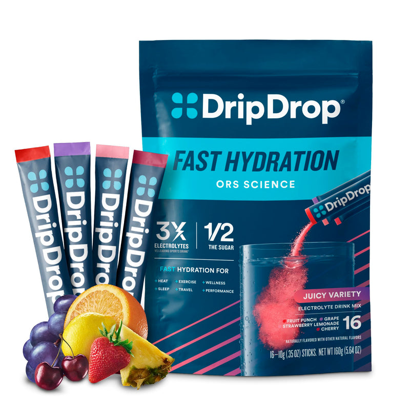 [Australia] - DripDrop Hydration Packets - Juicy Variety Pack - Single Serve Electrolytes Powder Drink Mix - Grape, Fruit Punch, Strawberry Lemonade, Cherry - Non-GMO, Gluten Free, Vegan - 16 Sticks 