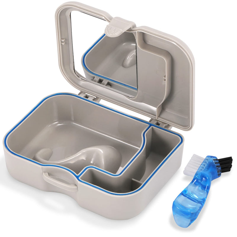 [Australia] - Annhua Denture Cup Bath Box Case with Mirror and Cleaning Brush, Denture Container with Brush Retainer Cleaning Case Mouth Guard Storage Soaking Cup Holder for Travel, Office, Household Use 