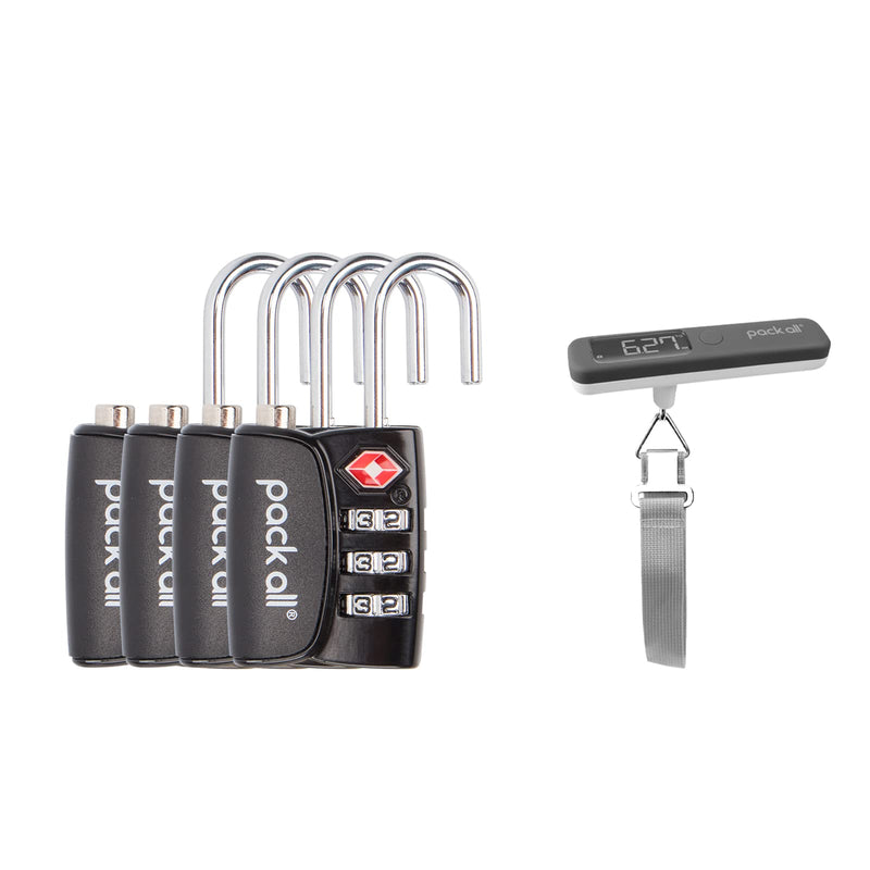pack all Travel Bundle | 110 Lbs Luggage Scale (Grey) & 4 Pack Luggage Lock for Travel, Business