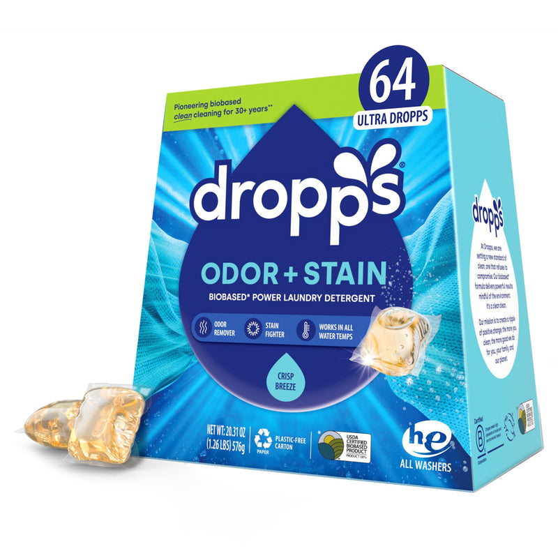 [Australia] - Dropps Stain & Odor Laundry Detergent Pods: Clean & Crisp | 64 Count | HE Compatible + All Washers | Cold Wash + All Temperatures | Tackles Tough Odors | Low Waste Packaging 64 Count (Pack of 1) 