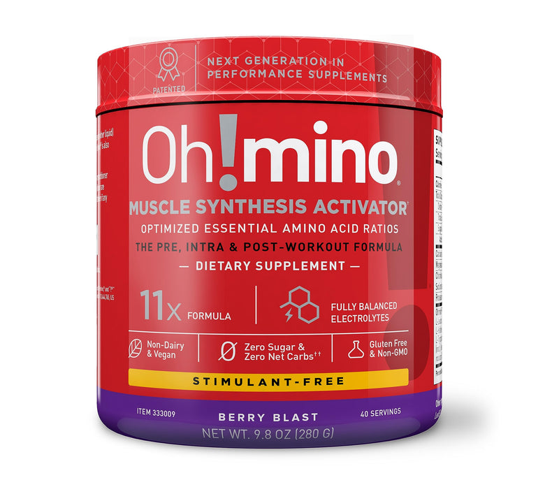 [Australia] - Oh!mino Amino Acid Energy Blend - Sugar-and-Stimulant-Free, Pre-Post Workout Powder, BCAA Amino Acids, Workout Recovery Drink, Muscle Synthesis Activator, Berry Blast, 280 g, 40 Servings Berry Blast (Stimulant-Free) 40 Servings (Pack of 1) 