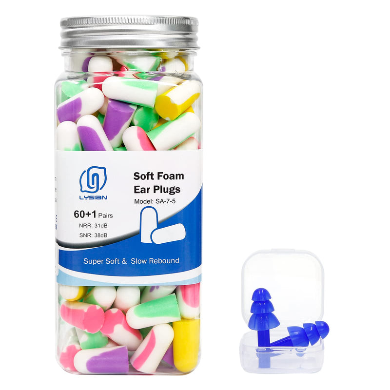 [Australia] - LYSIAN Ultra Soft Foam Earplugs for Sleep- Noise Cancelling Ear Plugs for Sleeping, Shooting,Snoring, Mowing Sound Reduction 38dB- 60 Pairs Multi Color 