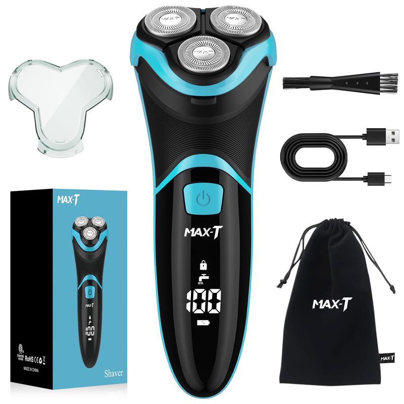 MAX-T Electric Shaver for Men, Cordless Electric Razor with Travel Case, Wet & Dry Use Men's Razor with Pop-Up Trimmer, 3D Rechargeable IPX7 Waterproof Rotary Shaver Blue