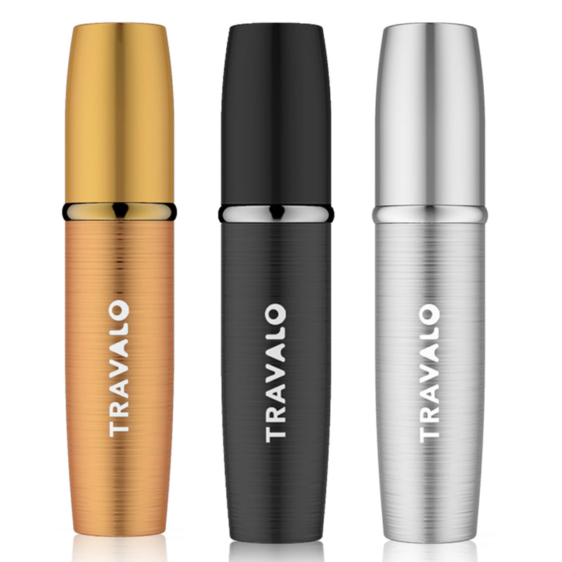 Travalo LUX Perfume Atomizer Bundle - Leak-Proof and TSA Approved for Air Travel - Reusable, Easy Fill Mini Pump Sprayer - Lightweight, Brushed Polished Metal - Gold, Black, Silver - 3 Pack Multi-color 0.2 Ounces (3 Pack)