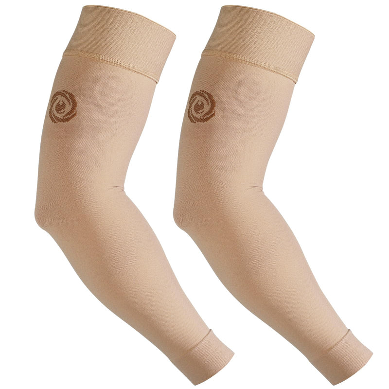 [Australia] - NURCOM¬Æ Medical Compression Arm Sleeve for Men Women, 2 Pack, 20-30mmHg with Silicone Band for Lymphedema, Lipedema, Pain Relief, Edema, Swelling, Post Surgery Recovery, Beige S Small(2 Pack) Beige(with Silicone Top Band) 