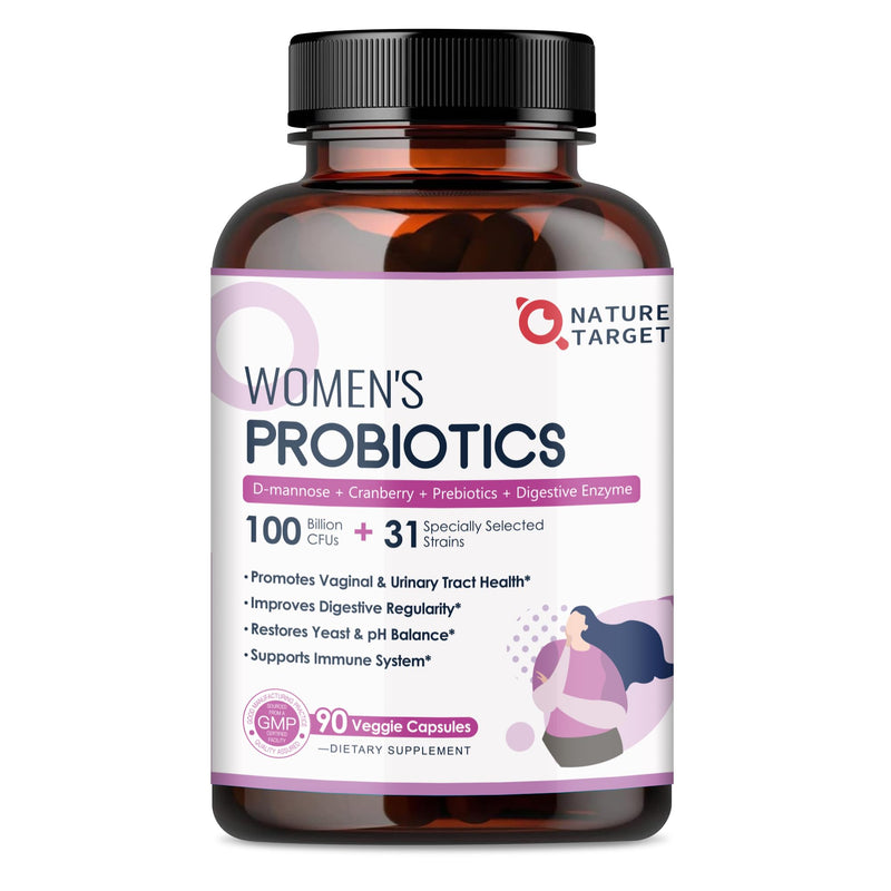 [Australia] - NATURE TARGET Probiotics for Women, 100 Billion CFUs Probiotic with Digestive Enzymes & Prebiotics, Vaginal Probiotics with Cranberry for Urinary Tract Health, pH Balance, 90 Veggie Capsules 