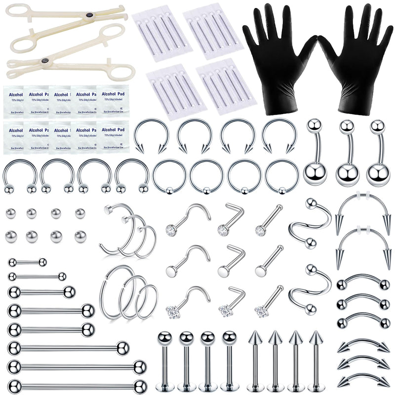 [Australia] - 94PCS Mixed-pack Piercing Kits for All Body Piercings Stainless Steel 14G 16G 20G Jewelry and Needle with Tools Nose Septum Lip Ear Belly Button Cartilage Tragus 94 Pcs 