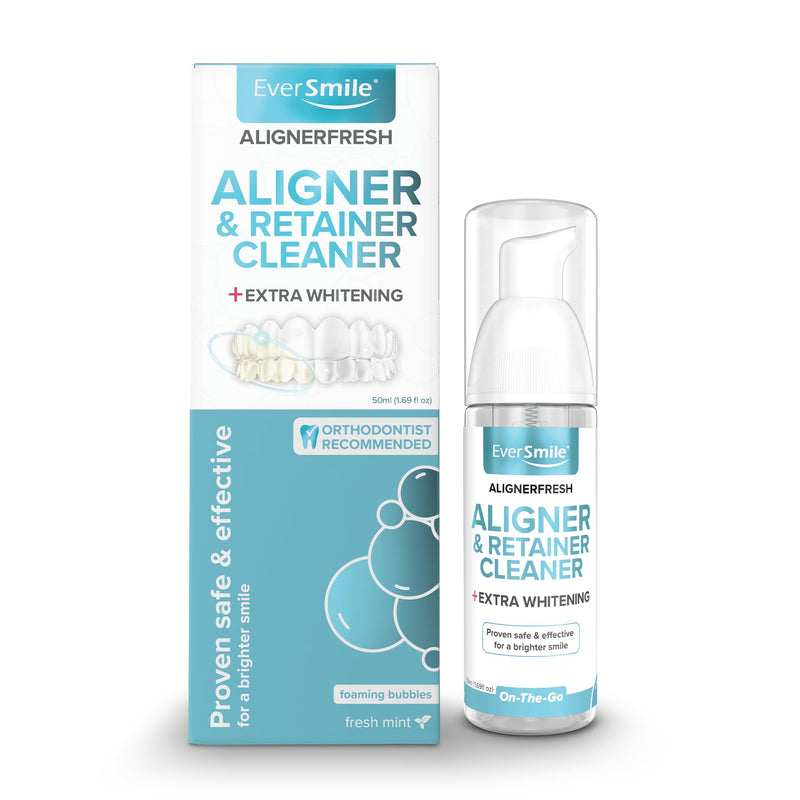 EverSmile AlignerFresh Extra Whitening Foam – Cleaner Compatible w/Invisalign and All Clear Aligners and Retainers – Eliminates Bacteria, Whitens Teeth, Fights Bad Breath – 50ml (1 Pack) Extra Whitening Fresh Mint 50ml 1-pack