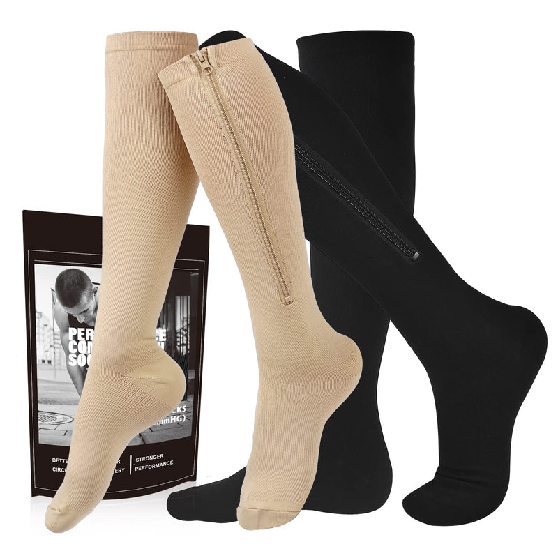 [Australia] - Zipper Compression Socks, 2 Pairs 15-20 mmHg Closed Toe Compression Stockings for Men Women，Suit for Running,Nurse,Travel,Cycling,Athletic Large-X-Large Black/Beige 
