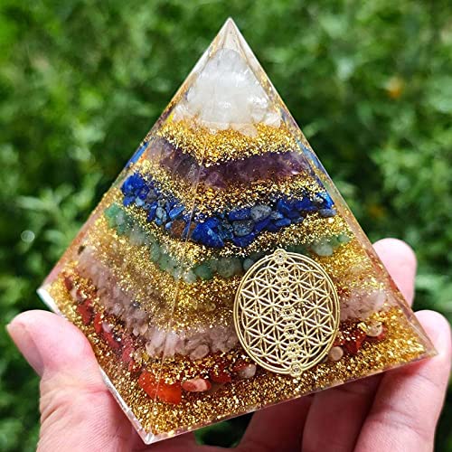 Orgonite 7 Chakra Energy Pyramid Aura Quartz Divination,Yoga Meditation Resin Handcraft EMF Protection Home Ornaments(8CM,Extra Large)