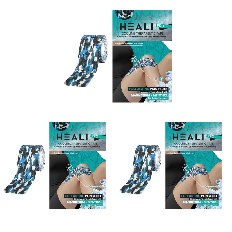 [Australia] - Heali Kinesiology Tape with Magnesium and Menthol, 3-Pack of 20 Pcs Precut Strips, K Tape Roll, Knees, Physical Therapy Sports Tape for Muscles and Joints, Water Resistant, White with Blue Camo 
