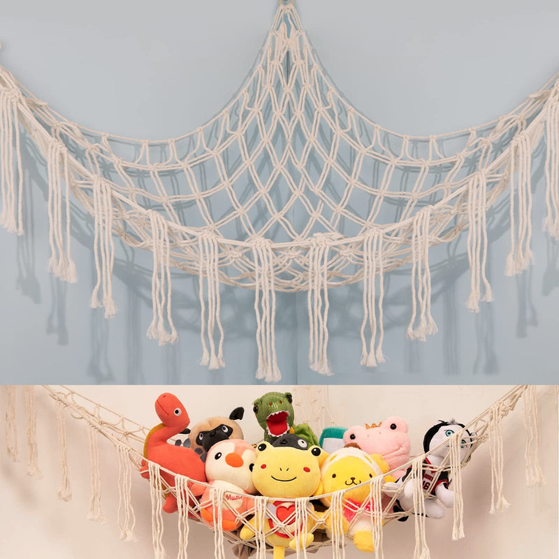 [Australia] - Boho Stuffed Animals Net or Hammock Large,55 inch Toy Hammock Macrame Stuff Animal Storage Corner Hanging Net Holder,Mesh Hammock Plush Toy Organizer with Hooks for Bedroom,Nursery (White) White 