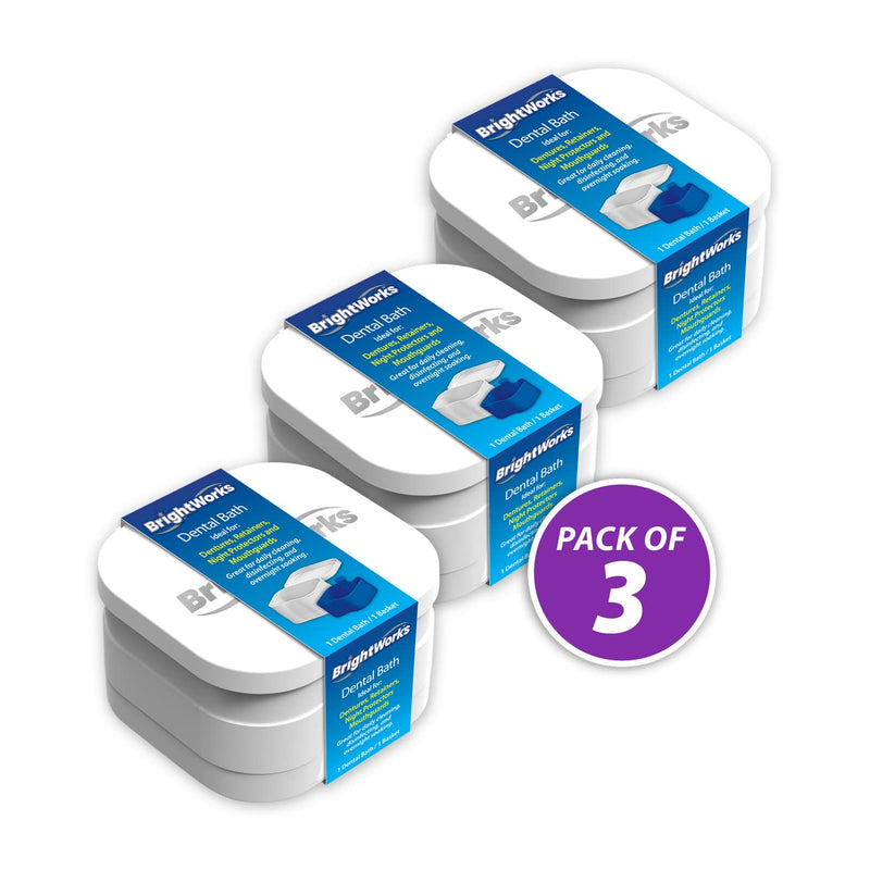 [Australia] - BrightWorks Dental Bath Cleaner Cup Case (3 Pack) for Dentures, Aligners, Retainers, Night Guards, Mouth Guards, Dental Guards, and Dental Appliances. Includes Rinsing Basket, Easy to Use. 