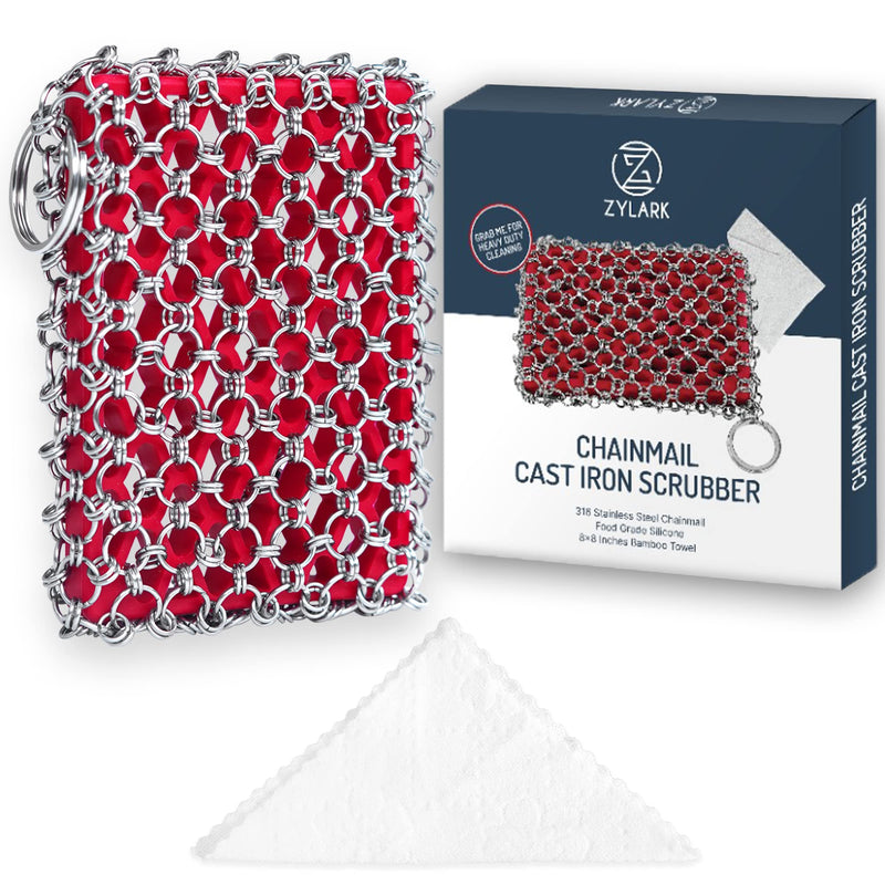 [Australia] - Cast Iron Scrubber with Bamboo Towel - 316 Cast Iron Cleaner Scrubber with Silicone Insert - Cast Iron Chainmail Scrubber for Cast Iron Pans - Cast Iron Skillet Scrubber for Cast Iron Cookware Red CIS with Towel 