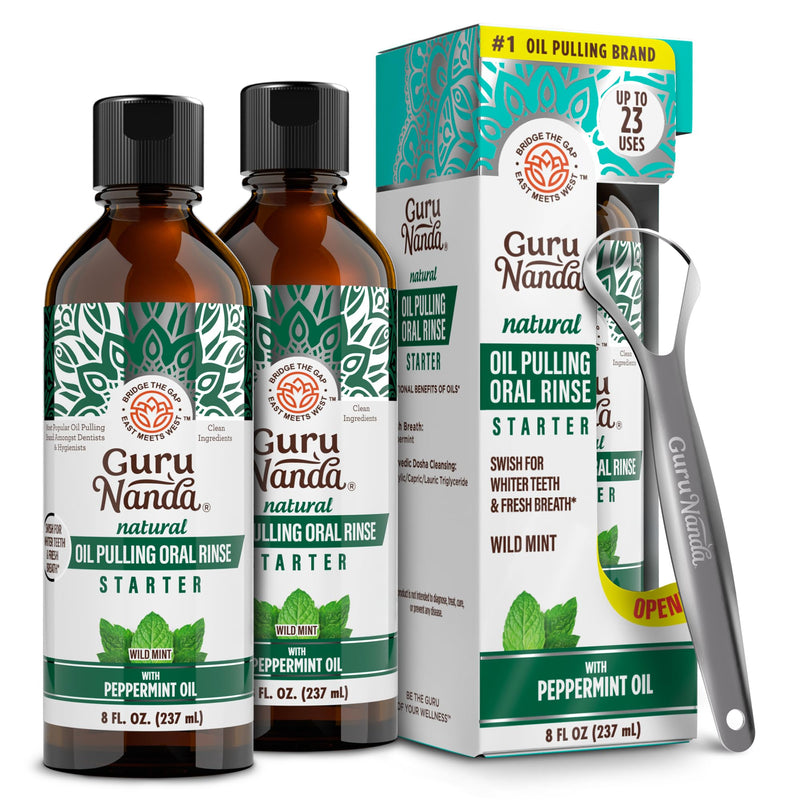 GuruNanda Starter Pulling Oil Mouthwash for Natural Teeth Whitening, Coconut and Peppermint Oil for Fresh Breath & Happy Gums, with Tongue Scraper, Alcohol-Free, 2X8 Oz 8 Fl Oz (Pack of 2)
