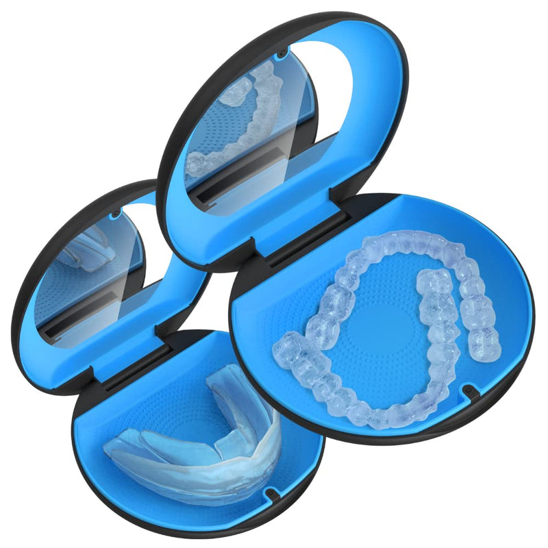 [Australia] - Aligner/Retainer Case with Built-in Mirror & Magnetic Lock - Premium Silicone-Lined Case Holder with Vent Holes for Aligners, Retainers, Mouth Guards (Black & Blue) Black & Blue 