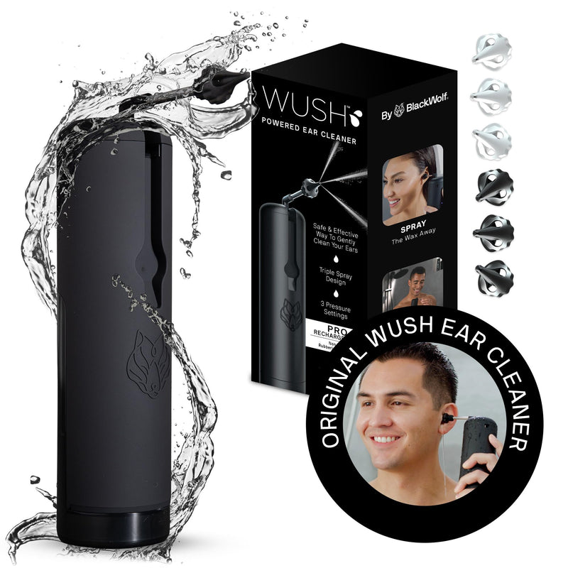 [Australia] - Wush Pro by Black Wolf - The Original Deluxe Water Powered Ear Cleaner with 6 Reusable Replacement Tips by Black Wolf - Safe & Effective for Ear Wax Buildup - Electric Ear Wax Removal Kit (Black) 