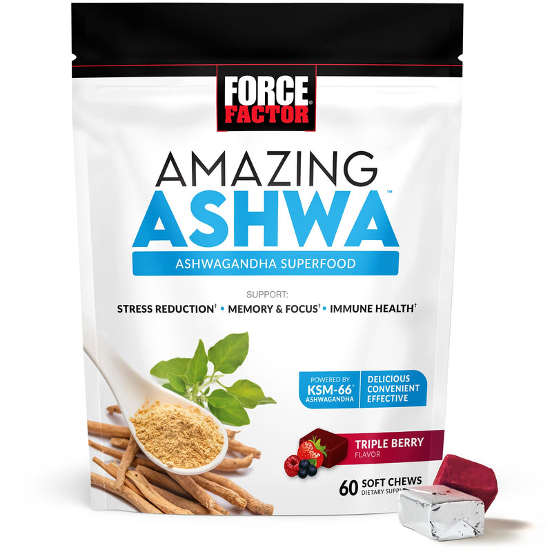 [Australia] - Force Factor Amazing Ashwa for Stress Relief, Memory, Focus, and Immune Support Health, Ashwaganda Supplement with KSM-66 Ashwagandha for Stress, 60 Soft Chews 60 Count (Pack of 1) 