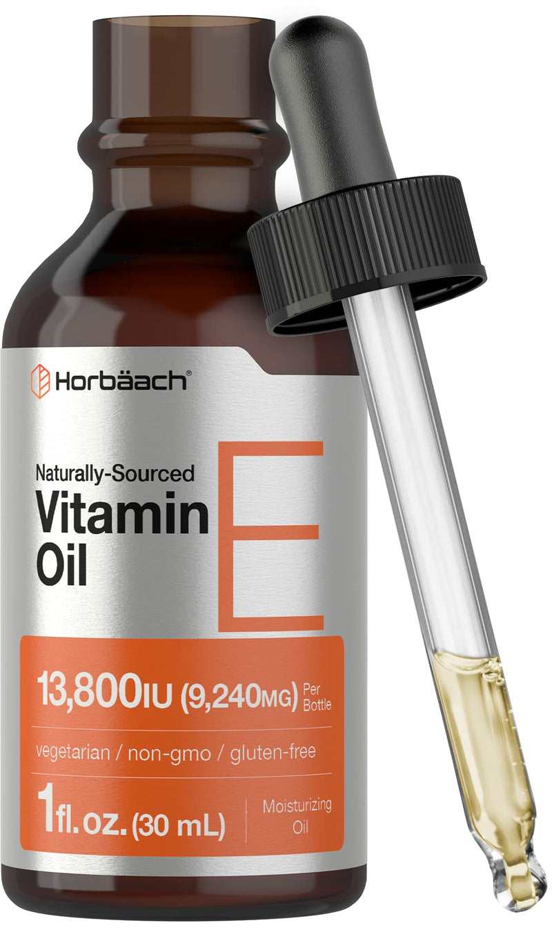Horbäach Vitamin E Oil | 13,800 IU | 1oz | for Face and Skin | Naturally Sourced Liquid Supplement | Vegetarian, Non-GMO, and Gluten Free Formula