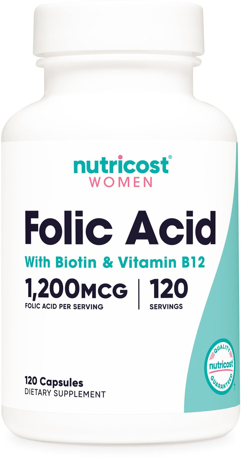 Nutricost Folic Acid for Women (Vitamin B9) 1200 mcg, 120 Capsules | With B12 and Biotin, Veggie Caps, Gluten-Free, GMO-Free