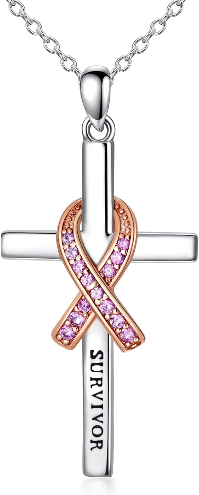 [Australia] - Breast Cancer Survivor Necklace 925 Sterling Silver Pink Ribbon Pendant Necklace Cancer Awareness Survivor Jewelry Gifts for Women Girls 