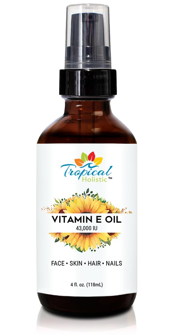 Pure Organic Vitamin E Oil 4 fl oz - 43,000 IU, 100% Plant Based Natural Moisturizer for Skin, Scars, Nails, Acne, Hair Growth, Wrinkles, Dark Spots