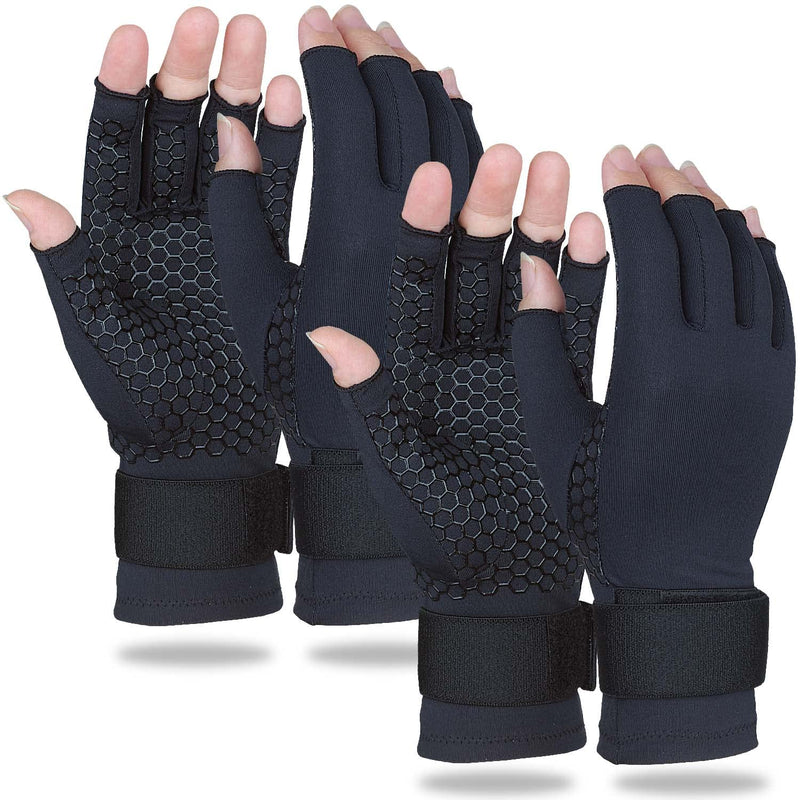 [Australia] - 2 Pairs Copper Arthritis Gloves for Women Men, Compression Gloves with Adjust Strap for Arthritis, Wrist Support, Hand Pain, Fingerless Computer Typing Gloves for Carpal Tunnel, RSI (Small/Medium) Small-Medium Black 