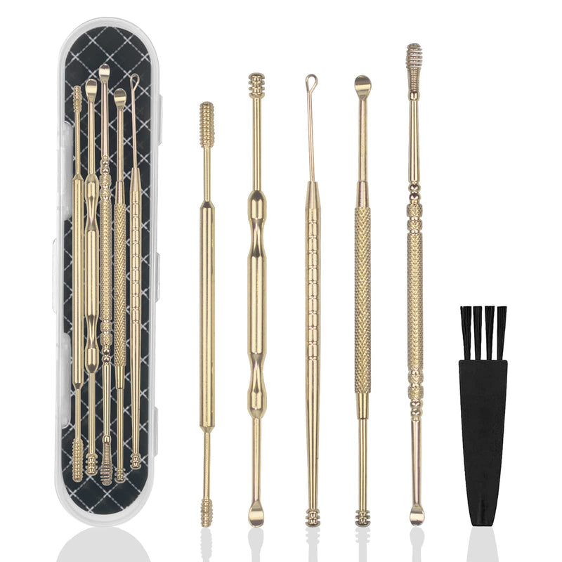 [Australia] - Hion 6 Pcs Ear Wax Removal Kit,Professional Double-Headed Ear Pick Earwax Removal Tools,316L Stainless Steel Ear Cleaner Curette with Cleaning Brush and Storage Box,Suit for Kid Adult(Gold) Gold 