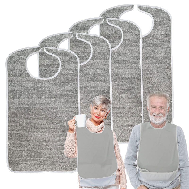 [Australia] - Pozico Terry Cloth Adult Bibs for Eating Women/Men/elderly Washable,Clothing Protectors & Adult Bibs with Debris Trap 4 Grey 