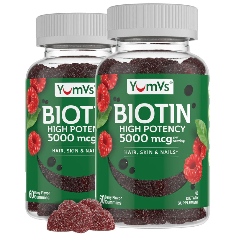 YUM-V'S YumVs Biotin Gummies 5000mcg - Luscious Raspberry Flavor - Thicker Faster Hair Growth Gummies for Women or Men - Hair, Skin & Nails Vitamins - Hair Gummies (60 Count (Pack of 2)) 60 Count (Pack of 2)