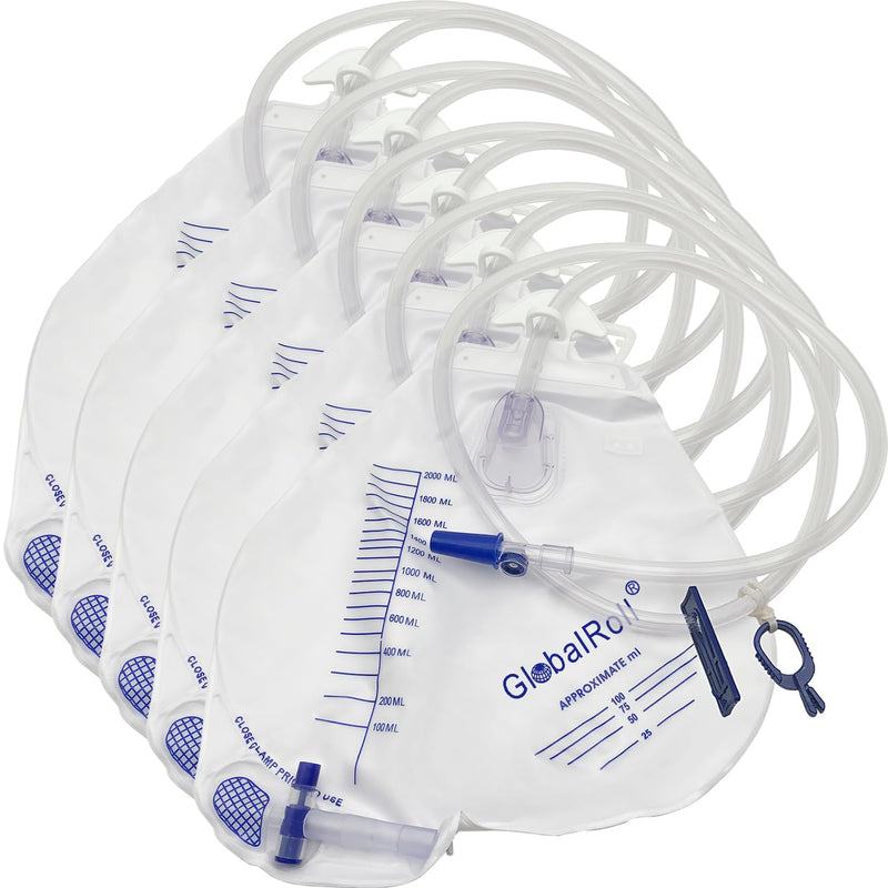 [Australia] - Urinary Drainage Bag with Anti-Reflux Chamber, Urine Bag with 2000 mL Volume, 48" Drainage Tube, Clips and Hanging Hook, Professional Urinary Bag for Home and Hospitals Health Aids, 5 Pack 