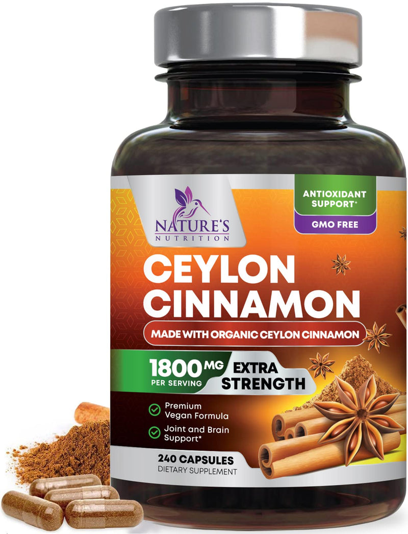 [Australia] - Pure Cinnamon Capsules, Certified Organic Ceylon Cinnamon Pills, Non-GMO, Gluten-Free, Dairy-Free, Sri Lanka Cinnamon Powder Supplement, Best Vegan True Cinnamomum Vitamins, Sugar Free - 240 Capsules 240 Count (Pack of 1) 