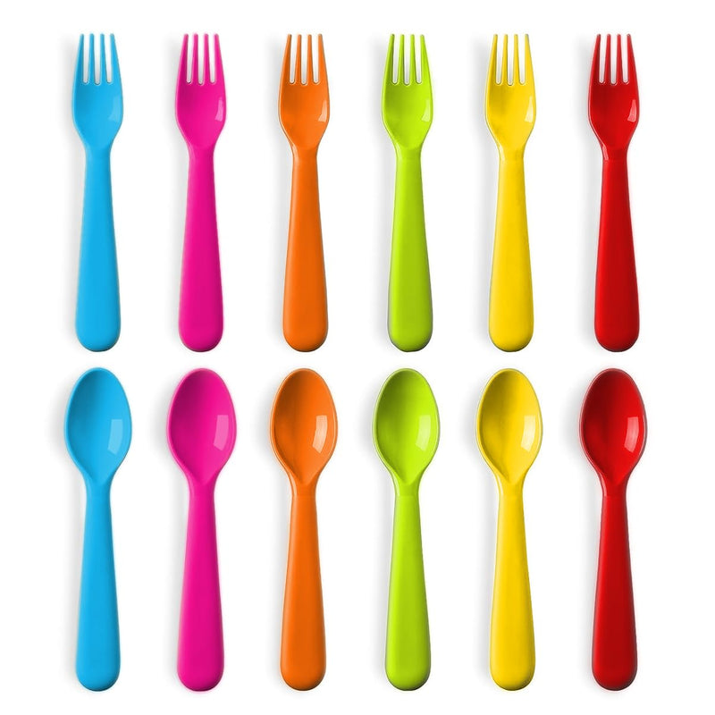[Australia] - Plastic Toddler Utensils Set of 12 Kids Utensils Forks and Spoons - BPA FREE/Dishwasher Safe Toddlers Silverware Set Brightly Colored Children's Safe Flatware Cutlery Set 