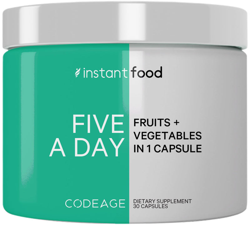 Codeage Instantfood Five A Day, Fruits and Veggies Nutrients, 30 Capsules | Whole-food phytonutrient equivalent of 5 servings of fruits and veggies from 15 sources, one capsule. . Vegan, non-GMO.