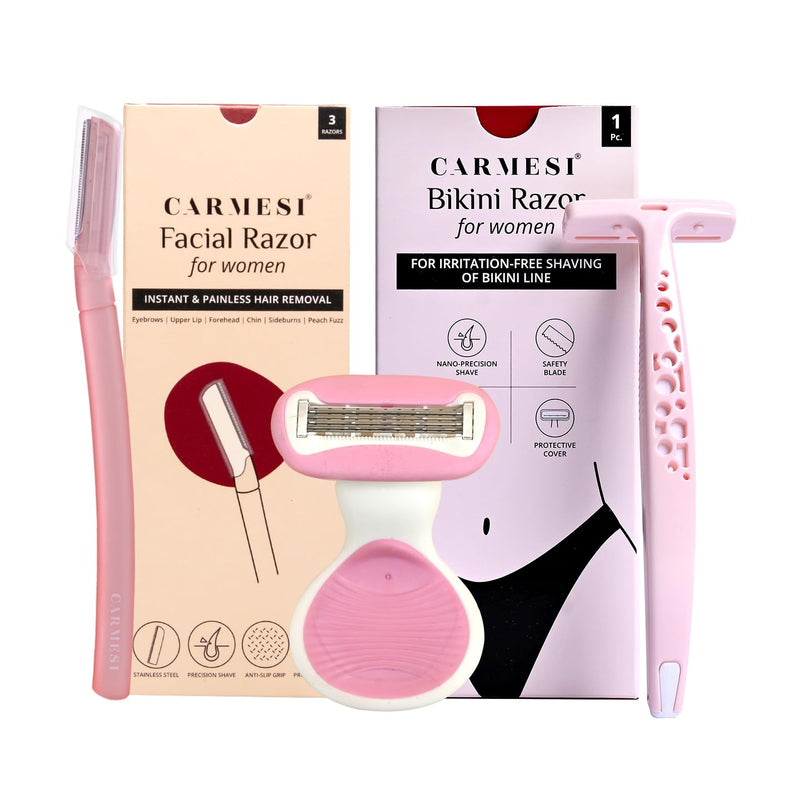 [Australia] - Carmesi Full-Body Shaving Combo with 3 Facial Razors + 1 Body Mini Razor + 1 Bikini Razor | Painless & Precision Face Hair Removal | Prevents Nicks & Cuts | for Smooth Shave | (5 Count) 