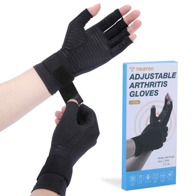 [Australia] - Tikaton Copper Infused Compression Arthritis Gloves with Wrist Strap for Hand Pain,Carpal Tunnel,Tendonitis, Fits Women & Men Small/Medium 