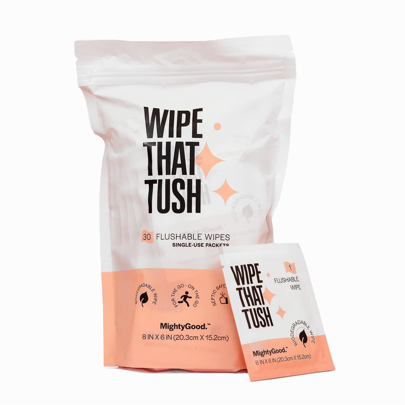 [Australia] - Wipe That Tush On-The-Go Flushable Wet Wipes - 1 Pack, 30 Wipes - Individually Wrapped Extra-Large Wipes with Aloe - Hypoallergenic & Unscented - Septic and Sewer Safe Fresh 30 Count (Pack of 1) 