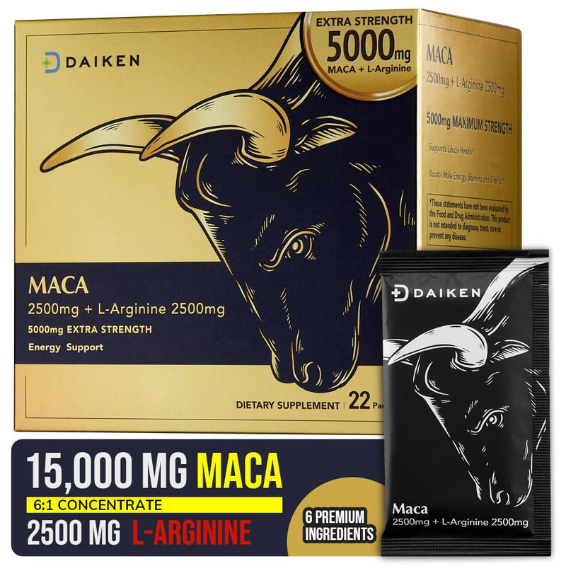 [Australia] - DAIKEN Peruvian Maca Root Powder Extra Strength 15,000 mg, Gelatinized Black, Red, Yellow Maca Blend with L-Arginine (2,500 mg) for Men and Women, Superior Absorption, Vegan, Lab Tested - 22 Packets 